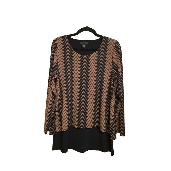 Alfani Layered Long Sleeve Tunic Zig-zag  Blouse Brown and Black Size L - Picture 1 of 8